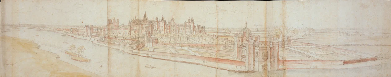 Vue du palais de Hampton Court depuis le sud, avec la rivière au premier plan, 1558