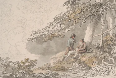 Deux garçons et un chien dans un bois