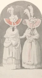 Deux dames portant des chapeaux à plumes extravagants