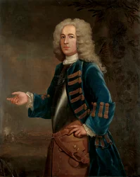 Portrait de Henry Boyle, capitaine des chevaux, dans un paysage, avec une bataille au loin