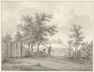 Paysage de dunes avec deux ramasseurs de bois