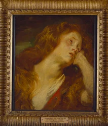 Jeune femme, buste, reposant sa tête sur sa main
