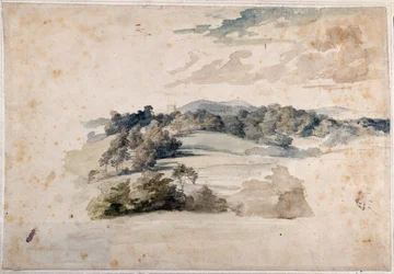 Un paysage anglais de prairies et de collines boisées (crayon et aquarelle sur papier)