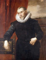 Portrait de Frans Snyders, mi-longueur, en costume noir, appuyé sur une chaise, un paysage au-delà