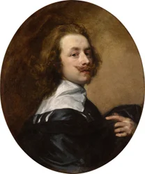 Autoportrait à la moustache retroussée et à la main gauche levée