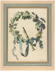 Dessin, trophée avec flûte, lierre et ruban bleu, 1780-90