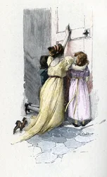 Joséphine de Beauharnais pleurant avec ses enfants Hortense et Eugène à la porte de la chambre de Napoléon Bonaparte (1769-1821), qui refuse d