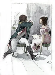 Portrait de Napoléon Bonaparte (1769-1821) avec sa fiancée Désirée Clary (1777-1860) c. avril 1795 (Portrait de Désirée Clary au moment de ses fiançailles avec Napoléon Bonaparte, avril 1795) Dessin par Antoine Calbet tiré de « Napoléon et les femmes »
