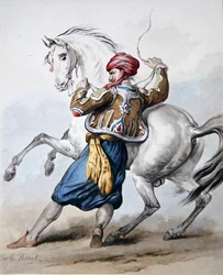 Un Persan essaie de maîtriser un cheval français