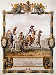 Frontispice du rapport de la bataille de Marengo le 14 juin 1800 : Le maréchal Berthier montre la stratégie de bataille à Napoléon Ier