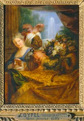 Jeune noir tenant une corbeille de fruits et jeune fille caressant un chien - Young black girl holding a fruit basket and young girl caressing a dog …