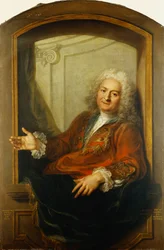 Portrait de Monsieur Dupille, mi-corps, en robe assis au bord d