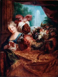 Jeune fille caressant un chien et serviteur noir présentant un panier de fruits. Un petit singe est couché sur son épaule. 28 x 21,5 cm, Paris, musée du Louvre