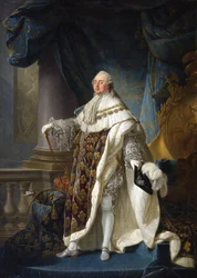 French: Louis XVI, roi de France et de Navarre, revêtu du grand costume royal en 1779 Louis XVI, King of France and Navarre, wearing his grand royal costume in 1779
