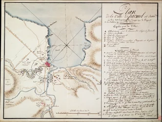 Environs de Jacmel, utilisé pour indiquer les lignes et les positions occupées pendant le blocus et les batteries établies pour construire les défenses assiégées