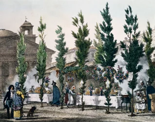 Fritures de nourriture au Panthéon pendant la fête de Saint Joseph, gravure par Antoine Jean-Baptiste Thomas de Un an à Rome et dans ses environs, France