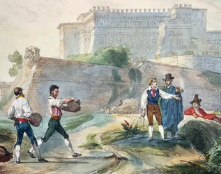 Jouer à la ruzzica, par Antoine Jean-Baptiste Thomas, lithographie en couleur de Un an à Rome et ses environs