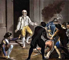 La mort de Gaspard de Coligny (gravé par Jean Baptiste Morret, 1788)