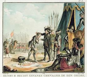 Henri II (1519-59) reçoit Jean de Tavanes comme chevalier dans son ordre, gravé par Roger, 1788