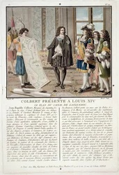 Jean Baptiste Colbert (1619-83) présente la carte du Canal du Languedoc à Louis XIV, gravé par Jean Baptiste Morret, 1788