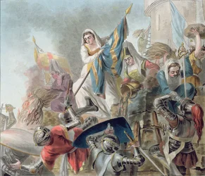 Jeanne Laisne lève un étendard contre les hommes de Bourgogne, gravé par Morret (fl. 1790-1820) 1787