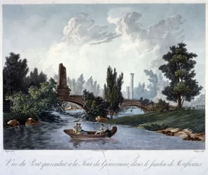 Pont vers la Tour du Gouverneur dans le Parc Monceau, gravé par Chapuy