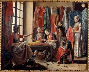 Un atelier de couture à Arles en 1760. Peinture d