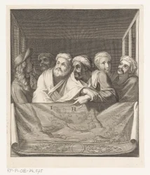 Cinq hommes avec turban et un avec chapeau dans une loge derrière une balustrade