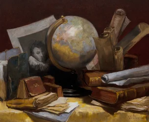 Nature morte avec une carte du monde, des livres et des parchemins