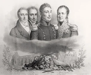 Le gouvernement provisoire du 29 juillet 1830. De gauche à droite : Jacques Lafitte (1767-1844), Casimir Perier (1777-1832), Général Lafayette (1757-1834) et Comte Étienne Maurice Gérard (1773-1852) 1831