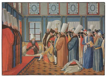 La présentation du comte de Vergennes, ambassadeur de Louis XV, à Reis Effendi, grand vizir du sultan ottoman Uthman III le 31 mai 1755