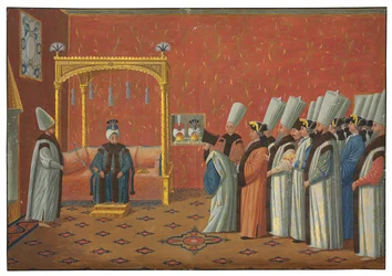 La présentation du comte de Vergennes, ambassadeur de Louis XV, au sultan Uthman III dans la salle du trône du palais de Topkapi le 3 juin 1755