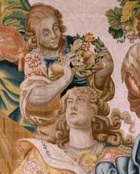 Tapisserie Flamande. Série Histoire de Thésée. Bacchus prend Ariane pour épouse. Neuvième tapisserie de la série. Modèle Anthonis Sallaert. Manufacture Jan Raes le Jeune, Bruxelles. Vers 1630. Tissu Soie et laine. Taille 392 x 45