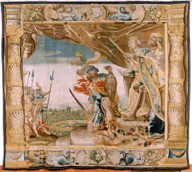 Thésée présente la tête du Minotaure au roi et à la reine de Crète (septième tapisserie de la série)