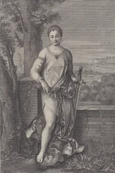 Judith debout avec son pied sur la tête d
