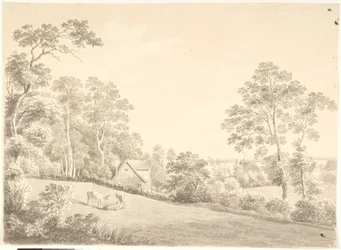 Paysage avec maison et vaches près de l