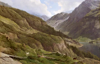 French : Paysage de montagne avec des chèvres en train de paître