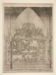 Intérieur de niche voûtée décorée de portraits et de scènes de genre
