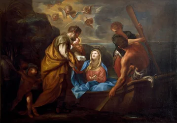 La fuite en Égypte La sainte famille embarque sur un bateau.