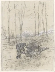 Paysans travaillant avec une brouette dans la forêt