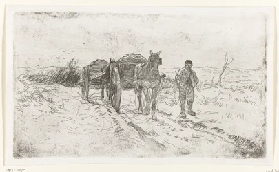Paysans à côté de deux charrettes tirées par des chevaux