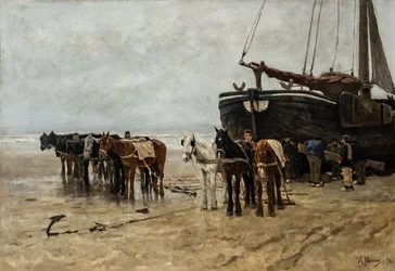 Dutch : Bomschuit avec chevaux de halage sur la plage de Scheveningen Bateau de pêche avec chevaux de halage sur la plage de Scheveningen