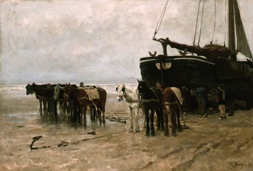 Dutch : Bomschuit avec chevaux de halage sur la plage de Scheveningen Bateau de pêche avec chevaux de halage sur la plage de Scheveningen