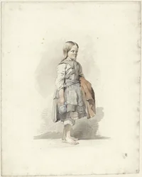 Fille debout avec cruche et manteau sous le bras