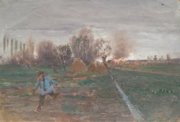 Paysage avec ferme en feu