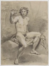 Nu masculin assis, tourné légèrement vers la droite, avec une couronne de feuilles de vigne et une coupe à boire dans la main droite