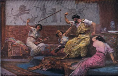 Saul lance son javelot sur David, de Hulberts Story of the Bible publié par The John Winston Company, 1932