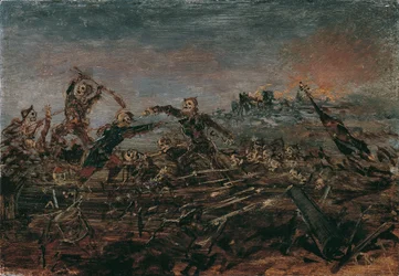 Danse macabre sur le champ de bataille devant des ruines en flammes