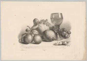 Nature morte avec verre, prunes, citron, raisins et noisettes (série: Études de fleurs et de fruits, 10e livraison)