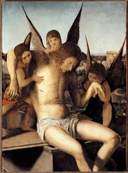 Piétà avec trois anges. Le Christ mort soutenu par trois anges sur son tombeau. Peinture d